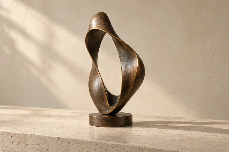 Sculpture de bronze fictive Élan, boucle organique ouverte sur un socle circulaire.