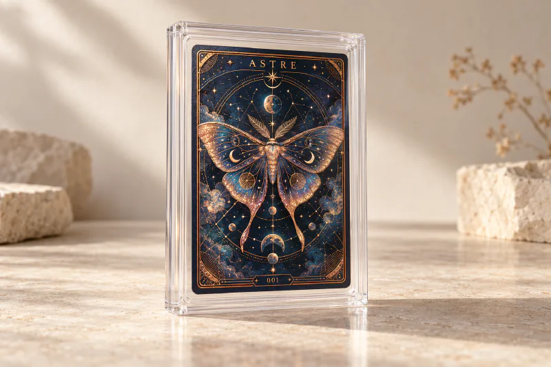 Carte d’art fictive Astre 001, illustration de papillon céleste dans un boîtier transparent.